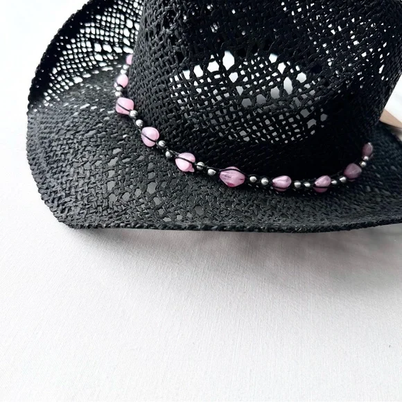 Black Western Cowboy Hat with Pink Beads - Picture 6 of 8
